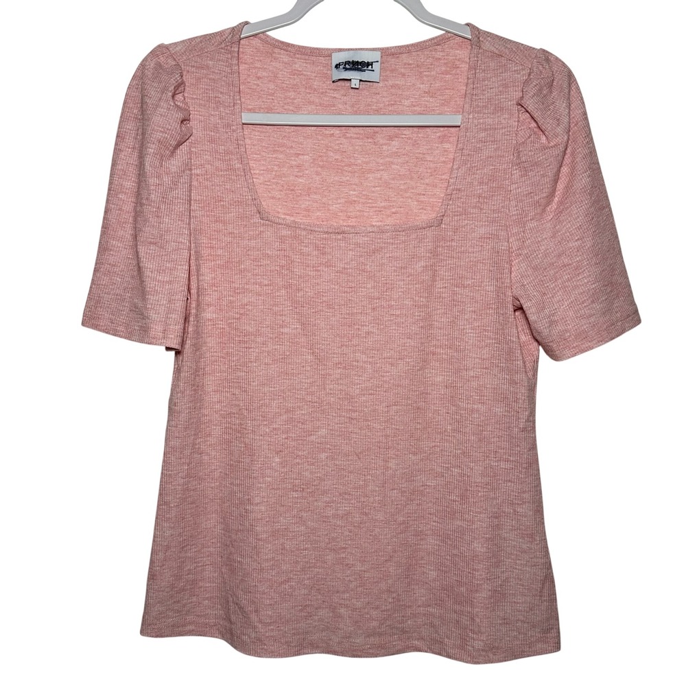 FRNCH Paris Pink Ribbed Square Neck Puff Sleeve Top Women's Size L‎